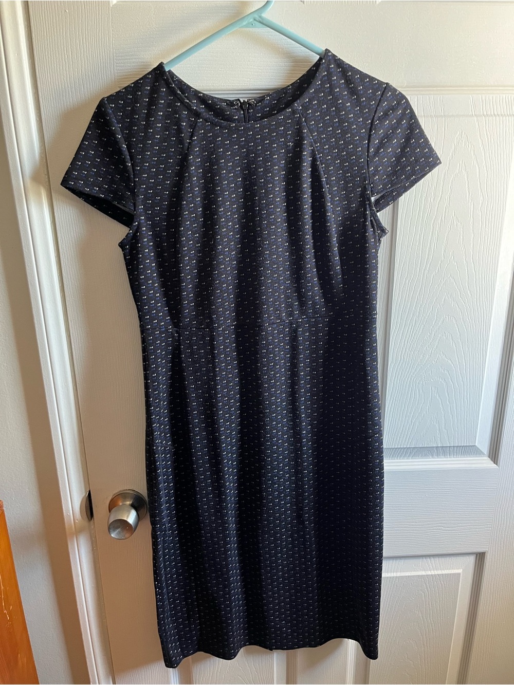 Covington Navy Dot-Textured Short Sleeve Sheath Dress